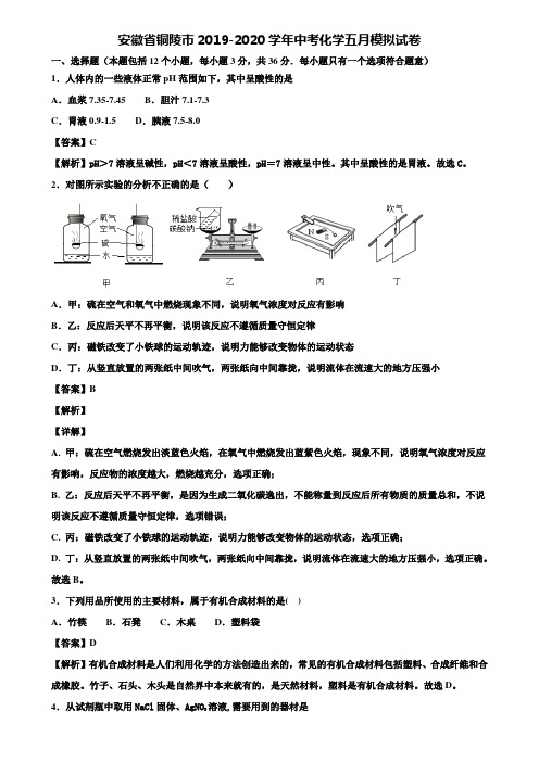 安徽省铜陵市2019-2020学年中考化学五月模拟试卷含解析