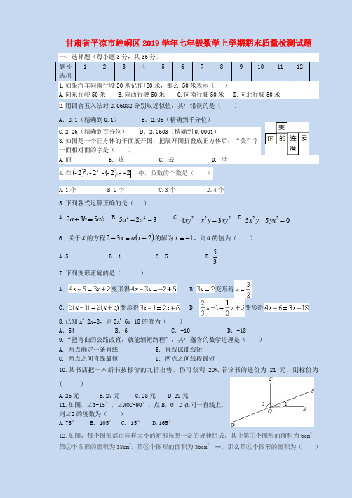 甘肃省平凉市崆峒区2019学年七年级数学上学期期末质量检测试题