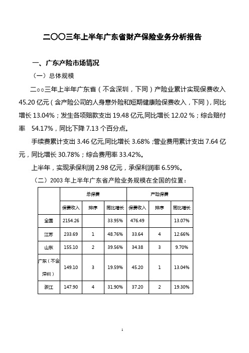 2003年上半年广东省财产保险业务分析报告