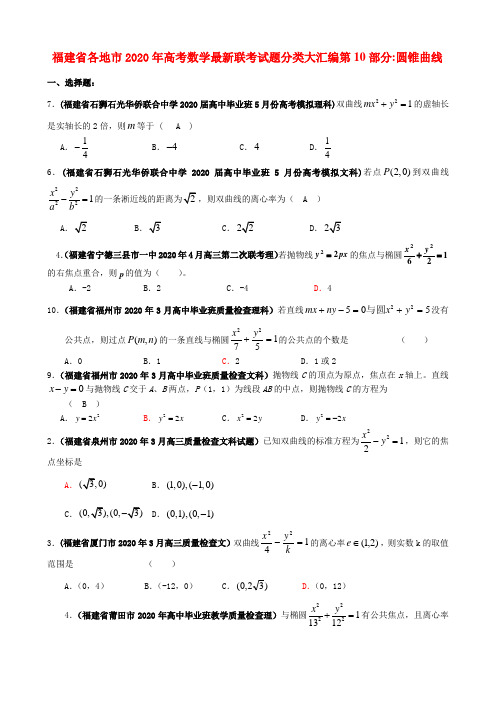 福建省各地市2020年高考数学最新联考试题分类大汇编  圆锥曲线