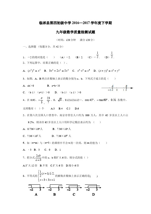 山东省临沭县第四初级中学2017届九年级下学期质量检测数学试题(答案不完整) (1)