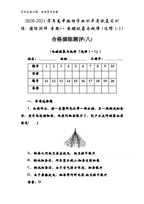 2020-2021高中物理学业水平考试复习训练：演练测评 专题八 电磁现象与规律(1-1)