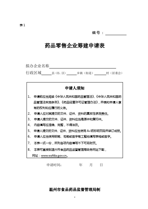 药品零售企业筹建申请表