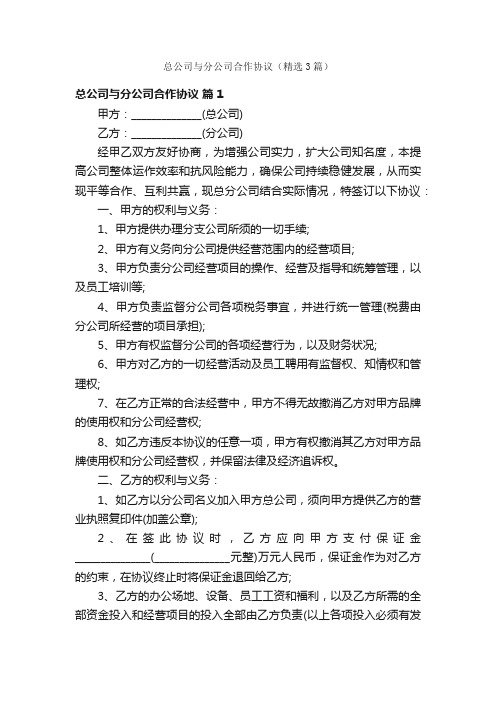 总公司与分公司合作协议（精选3篇）