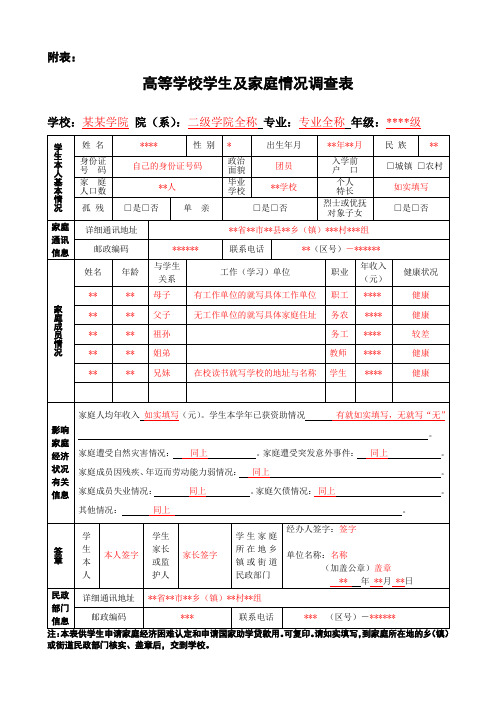 高校学生家庭情况调查表(有说明)