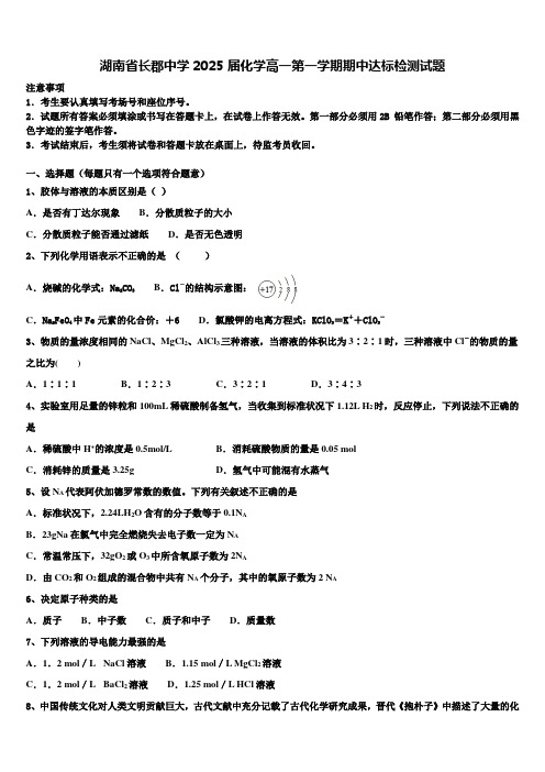 湖南省长郡中学2025届化学高一第一学期期中达标检测试题含解析