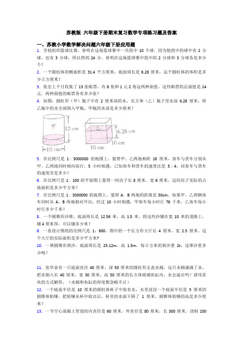 苏教版 六年级下册期末复习数学专项练习题及答案