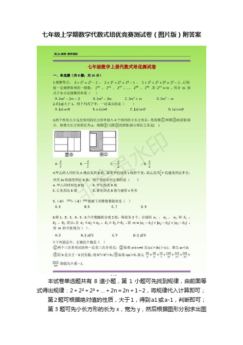 七年级上学期数学代数式培优竞赛测试卷（图片版）附答案