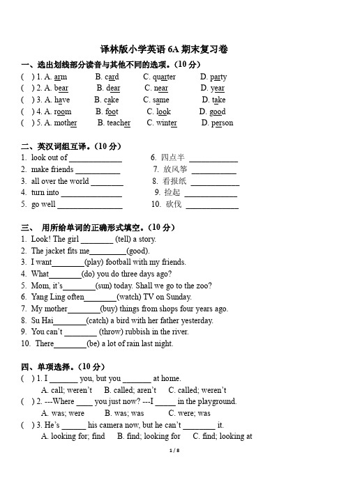 译林版小学英语六年级上册期末复习卷附详细答案