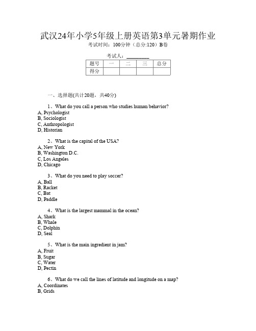 武汉24年小学5年级上册第13次英语第3单元暑期作业