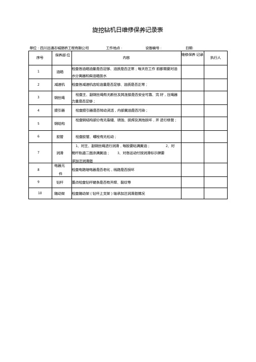 旋挖钻机日维修保养记录表