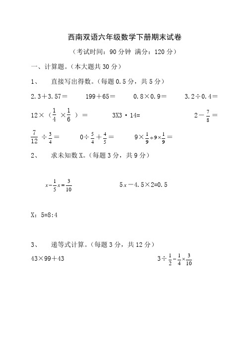 西南双语六年级数学下册期末试卷