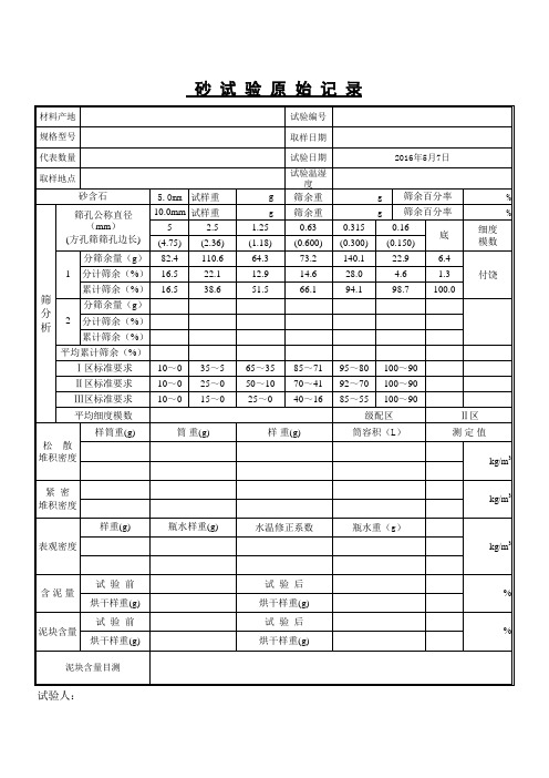 砂实验原始记录砂细度模数