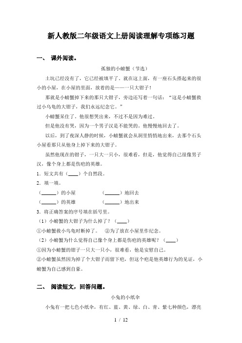 新人教版二年级语文上册阅读理解专项练习题