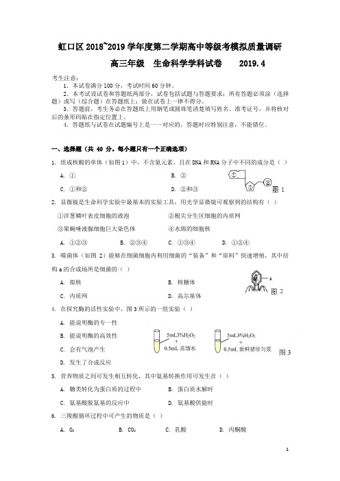 上海市虹口区2019年高三高考二模生命科学试题及答案(word版)