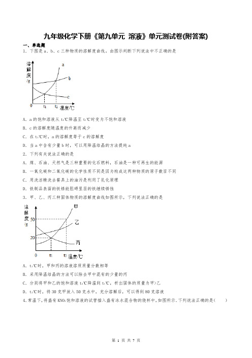 九年级化学下册《第九单元 溶液》单元测试卷(附答案)