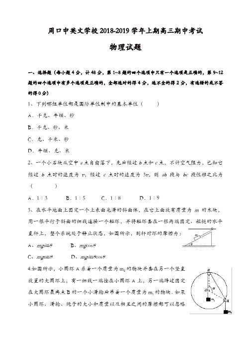 河南省周口中英文学校2019届高三上学期期中考试物理试卷(有答案)(精选)