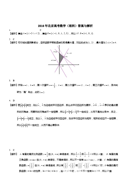 2016年北京高考数学理科答案与解析