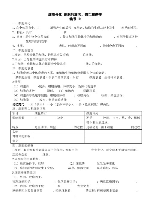 细胞分化_细胞的衰老、凋亡和癌变_复习学案