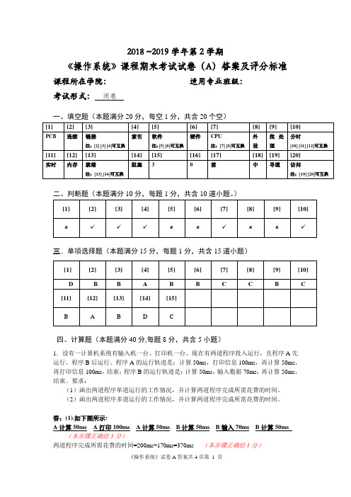 (A卷答案)-计算机操作系统(第3版)-郁红英-清华大学出版社