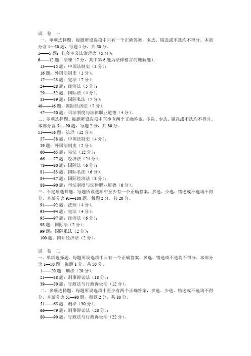 司考试卷各科分值、题型、题号分布图