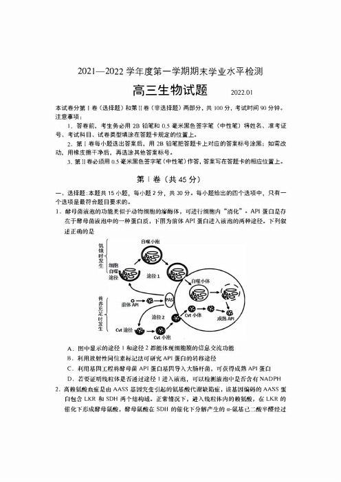 山东省青岛市黄岛区2021-2022学年高三上学期期末考试生物试题 附答案