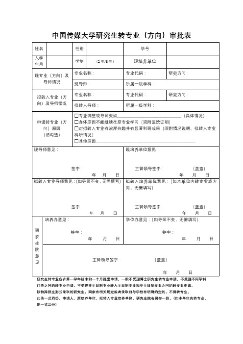 中国传媒大学研究生转专业(方向)审批表【模板】