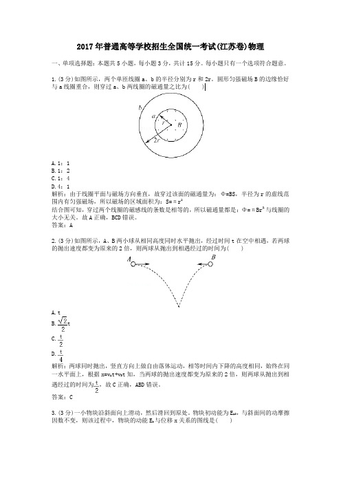 (精品word版)2017年普通高等学校招生全国统一考试(江苏卷)物理