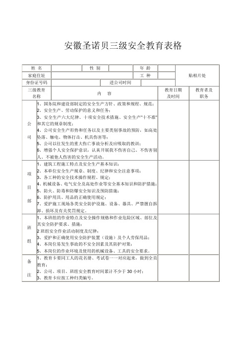 三级安全教育表格