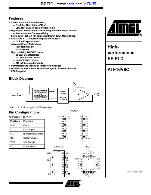 ATMEL 爱特梅尔PLD可编程逻辑器件ATF16V8C 数据手册