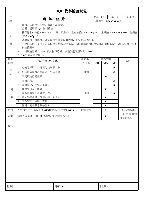 IQC物料检验规范--螺丝、垫片