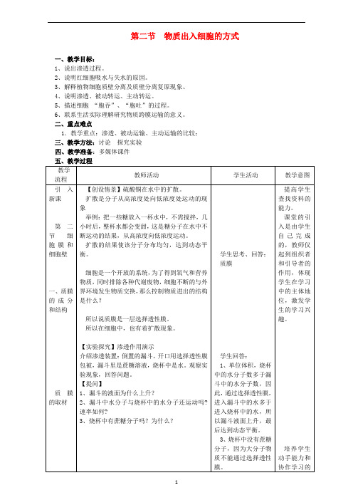 高中生物 物质出入细胞的方式1教案 浙科版必修1