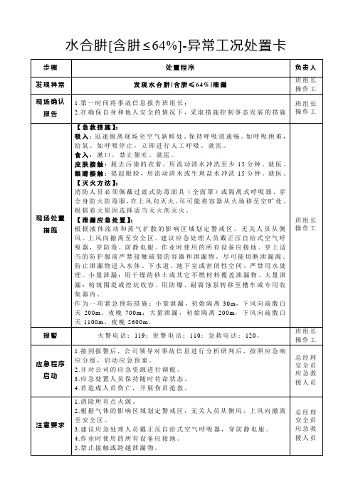 水合肼[含肼≤64%]-异常工况处置卡