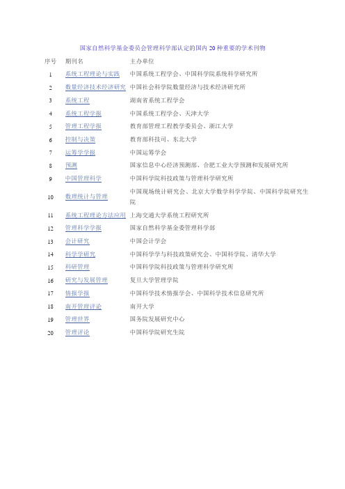 国家自然科学基金委员会管理科学部认定的国内20种重要的学术刊物