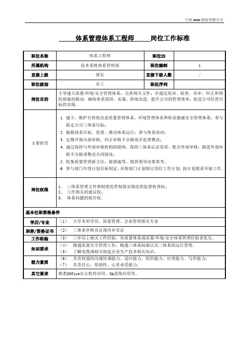 体系管理员岗位职责及岗位工作标准