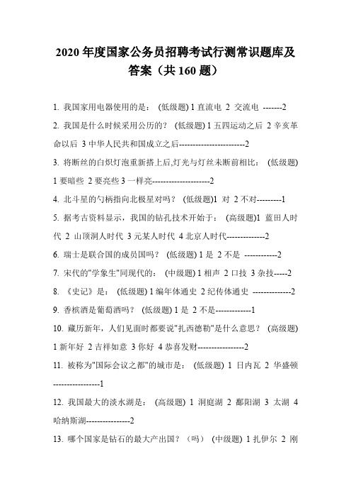 2020年度国家公务员招聘考试行测常识题库及答案(共160题)