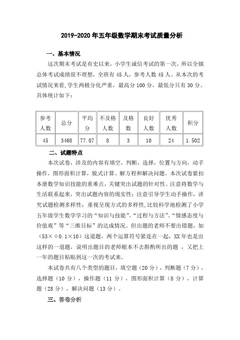 2019-2020年五年级数学期末考试质量分析