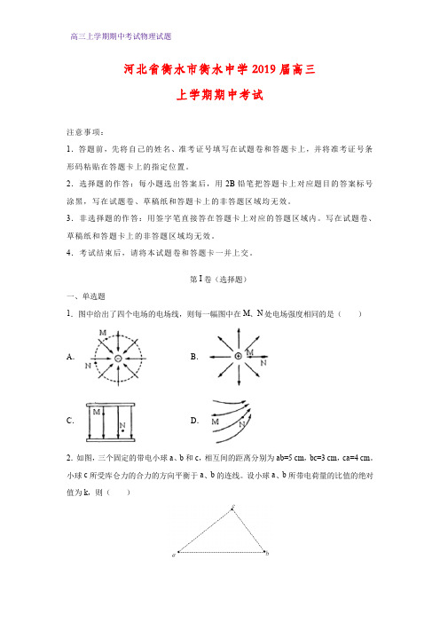 河北省衡水市衡水中学2019届高三上学期期中考试物理试卷 (答案+解析)