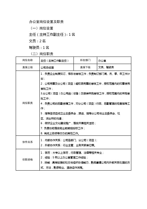 办公室岗位设置及职责