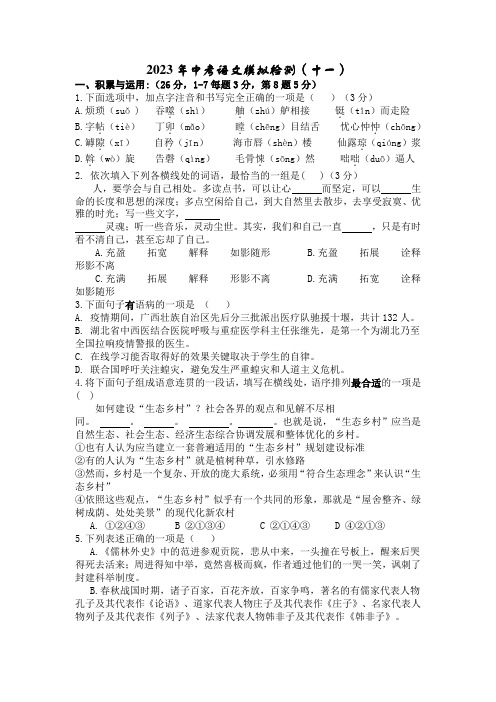 2023年湖北省十堰市房县中考模拟检测语文试题(十一)(含答案)