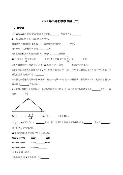 六年级下册数学试题--2020年小升初模拟试题(二)人教版(含答案) (1)