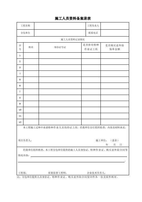 施工人员资料备案录表