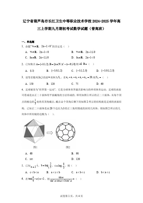 辽宁省葫芦岛市长江卫生中等职业技术学校2024-2025学年高三上学期九月期初考试数学试题(普高班)