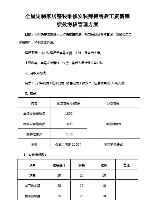 全屋定制家居整装维修安装师傅售后工资薪酬绩效考核管理方案