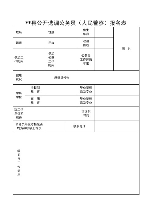 XX县公开选调公务员(人民警察)报名表【模板】