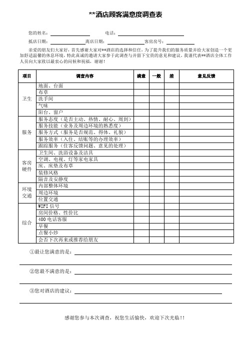 超实用的酒店顾客满意度调查表模版