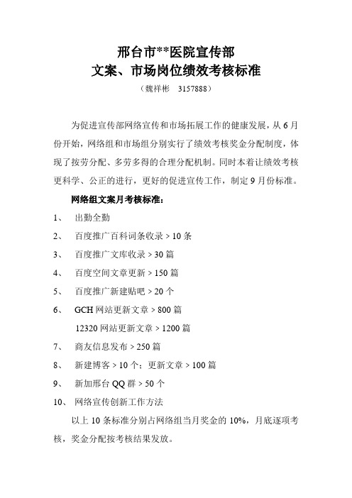 医院网络宣传部文案、市场岗位绩效考核标准文库版