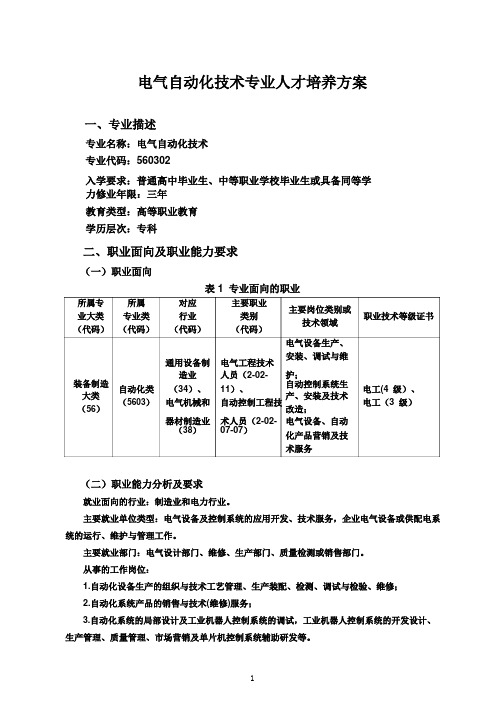 电气自动化技术专业人才培养方案(高职)