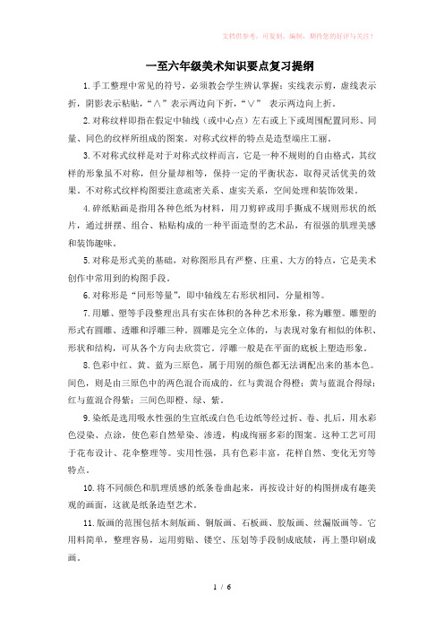 一至六年级美术知识要点复习提纲