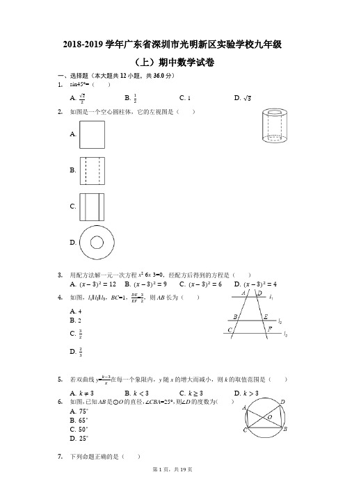 2018-2019学年广东省深圳市光明新区实验学校九年级(上)期中数学试卷